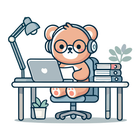 Cartoon of Brown Bear Working on Laptop Computer in Office Spaceのイラスト素材