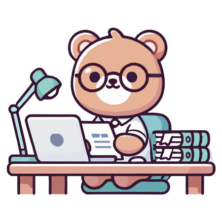 Cute Cartoon Bear Working at Desk with Laptop and Documents Illustrationのイラスト素材