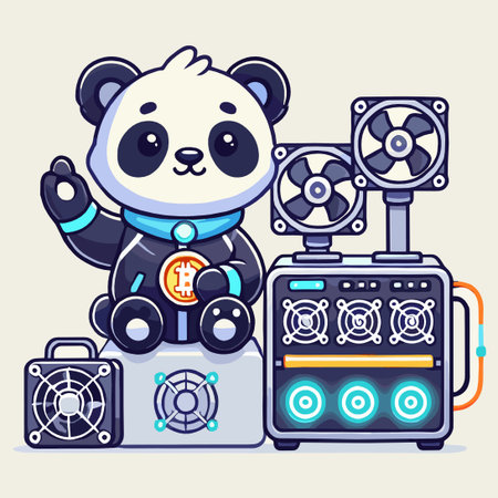 Cartoon Panda Operating a Cryptocurrency Mining Machine Vector Illustrationのイラスト素材
