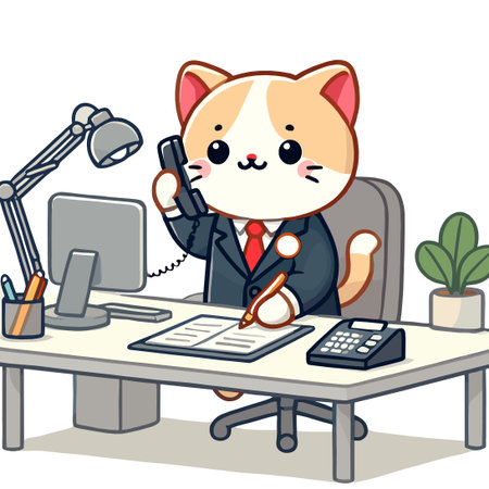 Cartoon Cat Illustration in a Business Office with Desk with White Backgroundのイラスト素材