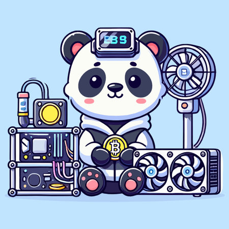 Cartoon Panda with Bitcoin Mining Rig Setup Illustrationのイラスト素材