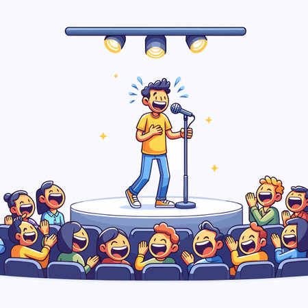 Man Performing Stand Up Comedy to Cheerful Audience Cartoon Illustrationのイラスト素材
