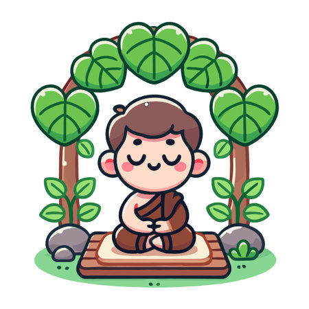 Cartoon Monk Meditating Under Tree in White Backgroundのイラスト素材