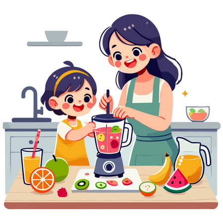 Mother and Child Making Smoothie in Kitchen Vector Illustrationのイラスト素材
