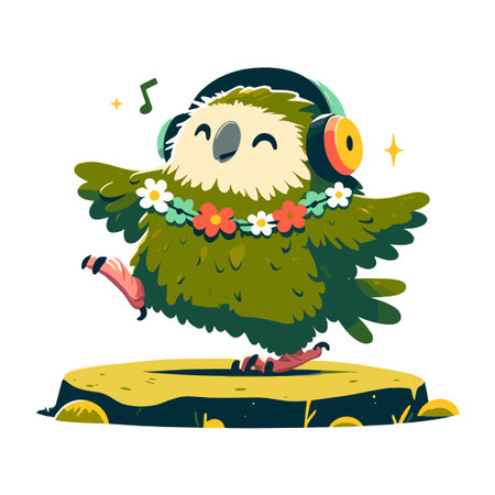 Happy Green Parrot with Headphone and Flowers Dancing on Tree Stumpのイラスト素材