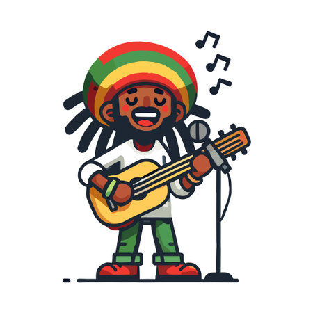 Cartoon Rasta Man Playing Guitar Singing With Microphone in White Backgroundのイラスト素材