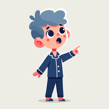 Cartoon Illustration of a Surprised Boy Character pointing up in Blue Pajamas on a White Backgroundのイラスト素材
