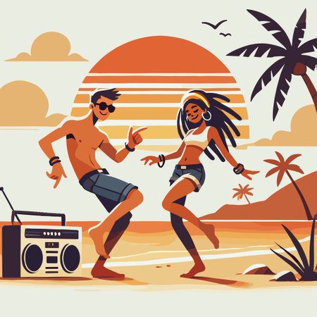 Dancing Couple Silhouetted Retro Style on Beach at Sunset Illustrationのイラスト素材