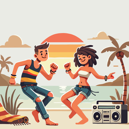 Cheerful Couple Dancing on Beach with Palm Trees in Cartoon Styleのイラスト素材