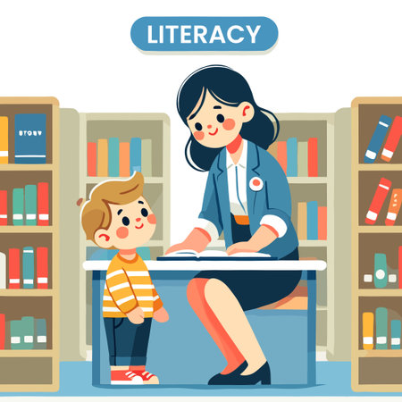 Teacher Helping Student in Library Cartoon Illustration with Literacy Conceptのイラスト素材