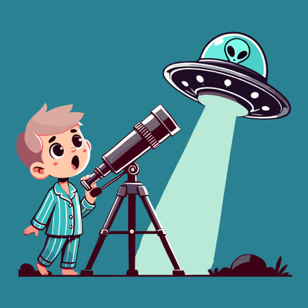 Cartoon Boy Discovering Alien Spaceship with Telescope at Night Illustrationのイラスト素材
