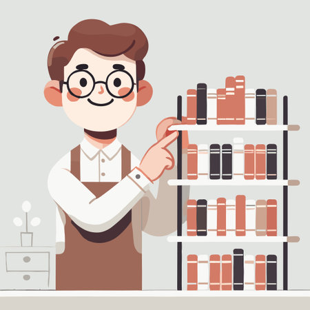 Cartoon of a librarian arranging books on a shelfのイラスト素材