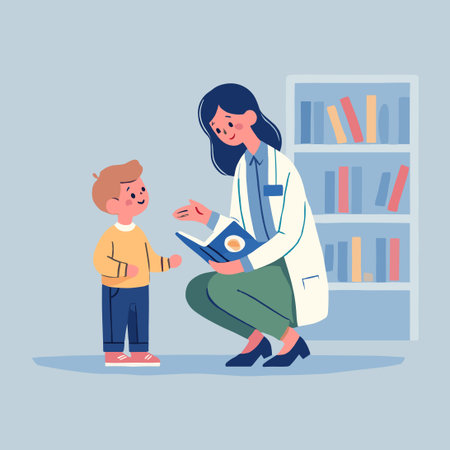 Doctor Reads Book To Young Boy Patient Cartoon Illustrationのイラスト素材