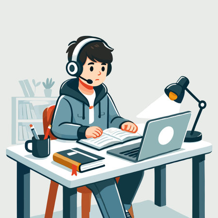 Cartoon Boy Studying Online with Laptop and Book on White Deskのイラスト素材