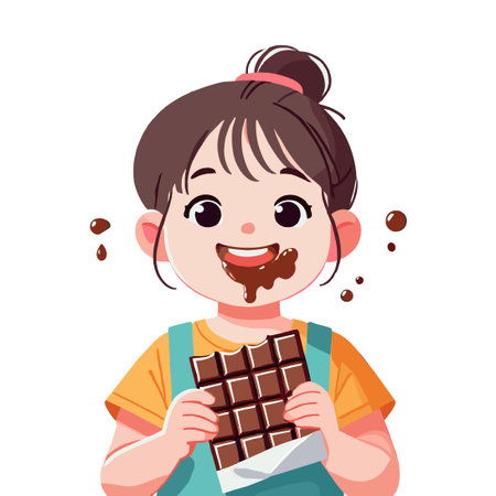 Cartoon of Happy Young Girl Covered in Chocolate Eating a Chocolate Barのイラスト素材