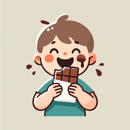 Cartoon of Smiling Boy Enjoying Dark Chocolate Barのイラスト素材