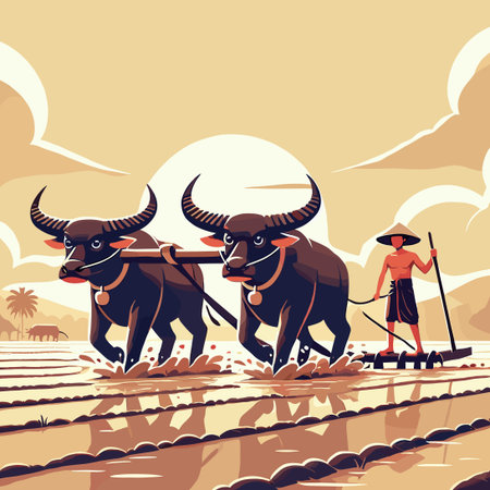 Farmer with Buffalo Plowing Rice Field in Flat Illustrationのイラスト素材