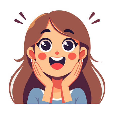 Excited Woman Cartoon Illustration with Brown Hair on White Backgroundのイラスト素材
