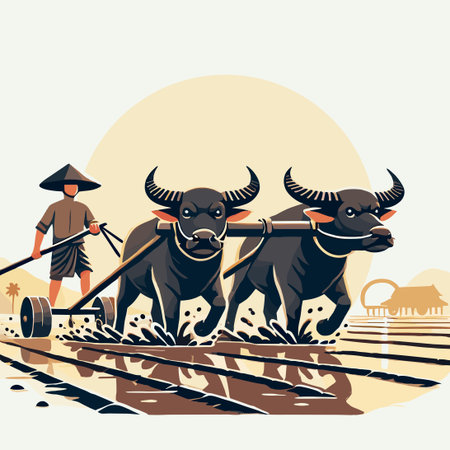 Buffalo Plowing Rice Field in Flat  Illustrationのイラスト素材