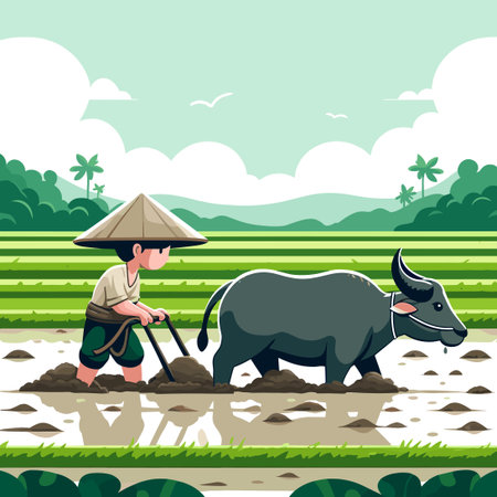 Traditional Farming with Buffalo on Rice Field Cartoon Illustrationのイラスト素材