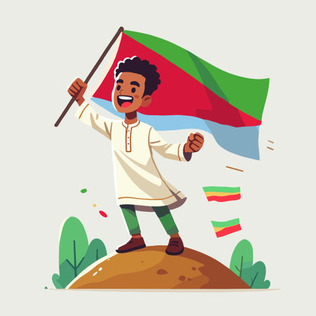 Cheerful Cartoon Boy Waving National Flag Illustration on Hill
