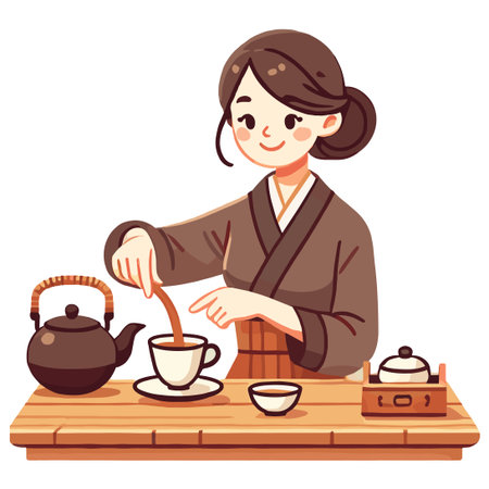 Woman in Brown Kimono Pouring Tea From Teapot to Cup in Cozy Interiorのイラスト素材