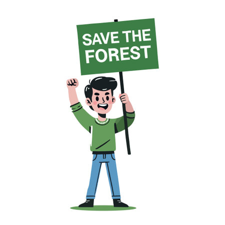 Enthusiastic Man Holds Save the Forest Green Banner in Peaceful Protest on White Backgroundのイラスト素材