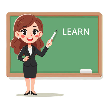 Cartoon Teacher Woman Pointing at Learn Text on Chalkboard Illustrationのイラスト素材