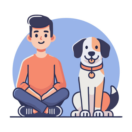 Smiling Man Sitting Cross Legged with Dog in a White Backgroundのイラスト素材
