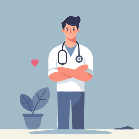 Male Doctor in White Coat with Stethoscope Stands Near Potted Plantのイラスト素材