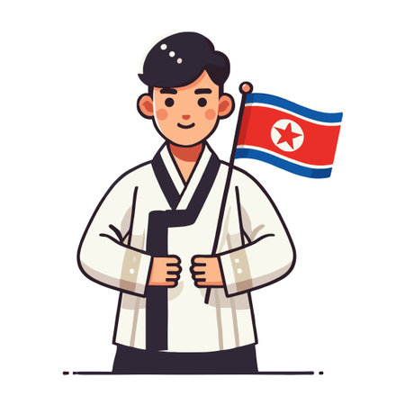 Illustration of a man holding a North Korean flag wearing traditional Hanbok clothingのイラスト素材