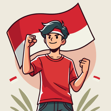 Boy in a Red Shirt Celebrates Indonesian Youth Pledge Day in a Flat Design Illustrationのイラスト素材