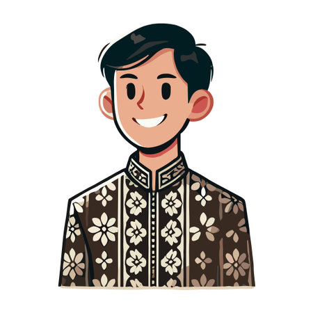 Cartoon of a smiling man wearing a traditional Indonesian shirt with a floral batik patternのイラスト素材