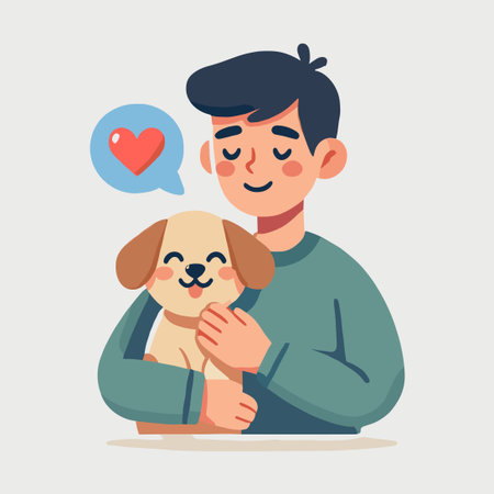 Young Man Embracing Beige Puppy with Red Heart Speech Bubble Illustrationのイラスト素材