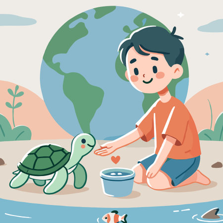 Illustration of a boy playing with a turtle on the beach symbolizes love for the environmentのイラスト素材