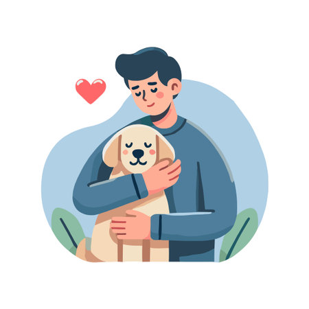 Illustration of Man Embracing a Dog with Love Heart on White Backgroundのイラスト素材