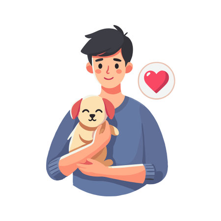 Illustration of Young Man Holding a Puppy with a Heart Symbol on White Backgroundのイラスト素材