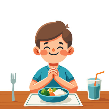 Smiling Boy at Table with Salad and Drink on White Backgroundのイラスト素材