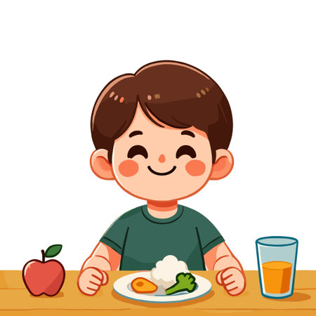 Illustration of a Happy Boy Enjoying Healthy Food at a Table on a White Backgroundのイラスト素材
