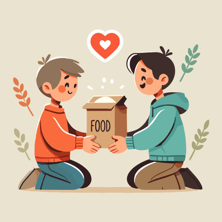 Illustration of a boy giving food aid to a person in needのイラスト素材