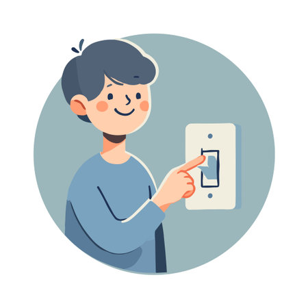 Illustration of a smiling boy turning on a light switchのイラスト素材
