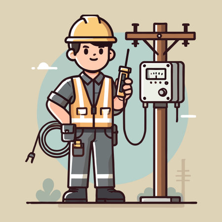 Cartoon Illustration of an Electrician with a Yellow Hard Hat Inspecting Utility Pole Cablesのイラスト素材