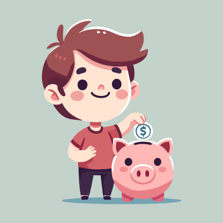boy putting a coin into a pink piggy bank in a flat illustration.のイラスト素材