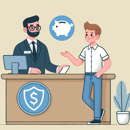 Flat illustration of a bank teller serving a customer making a depositのイラスト素材