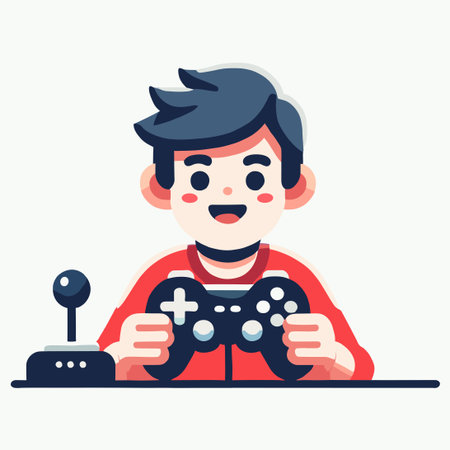 Flat Illustration of Boy Holding Game Controller on White Backgroundのイラスト素材