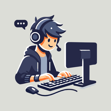 Flat Illustration of Person Wearing Headset Typing on Keyboard at Computer Deskのイラスト素材