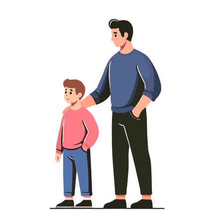 Father and Son Standing Together, Dad Holding Sonâs Shoulder on White Backgroundのイラスト素材