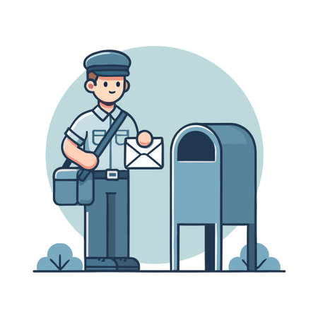Flat Illustration of a Blue Uniformed Mailman Posting White Envelope into Mailboxのイラスト素材