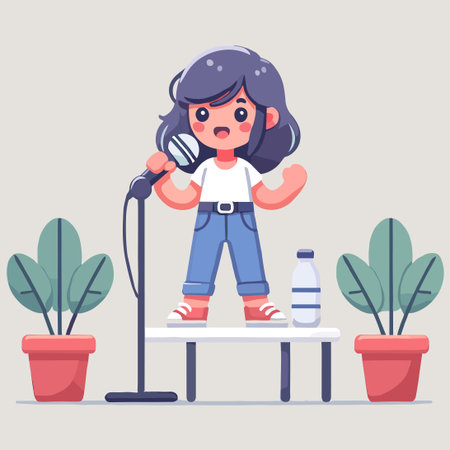 Flat Illustration of Cheerful Young Woman Singing on Table with Microphoneのイラスト素材