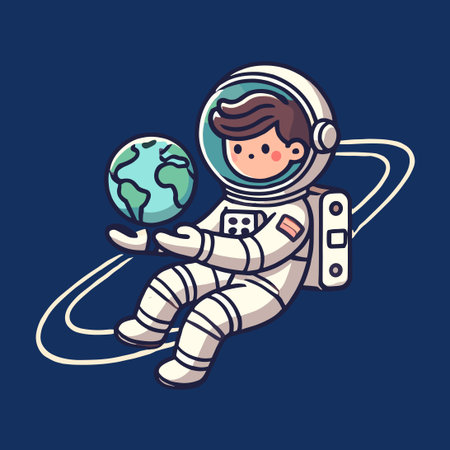 Flat Illustration of Astronaut Holding Globe on Dark Blue Backgroundのイラスト素材